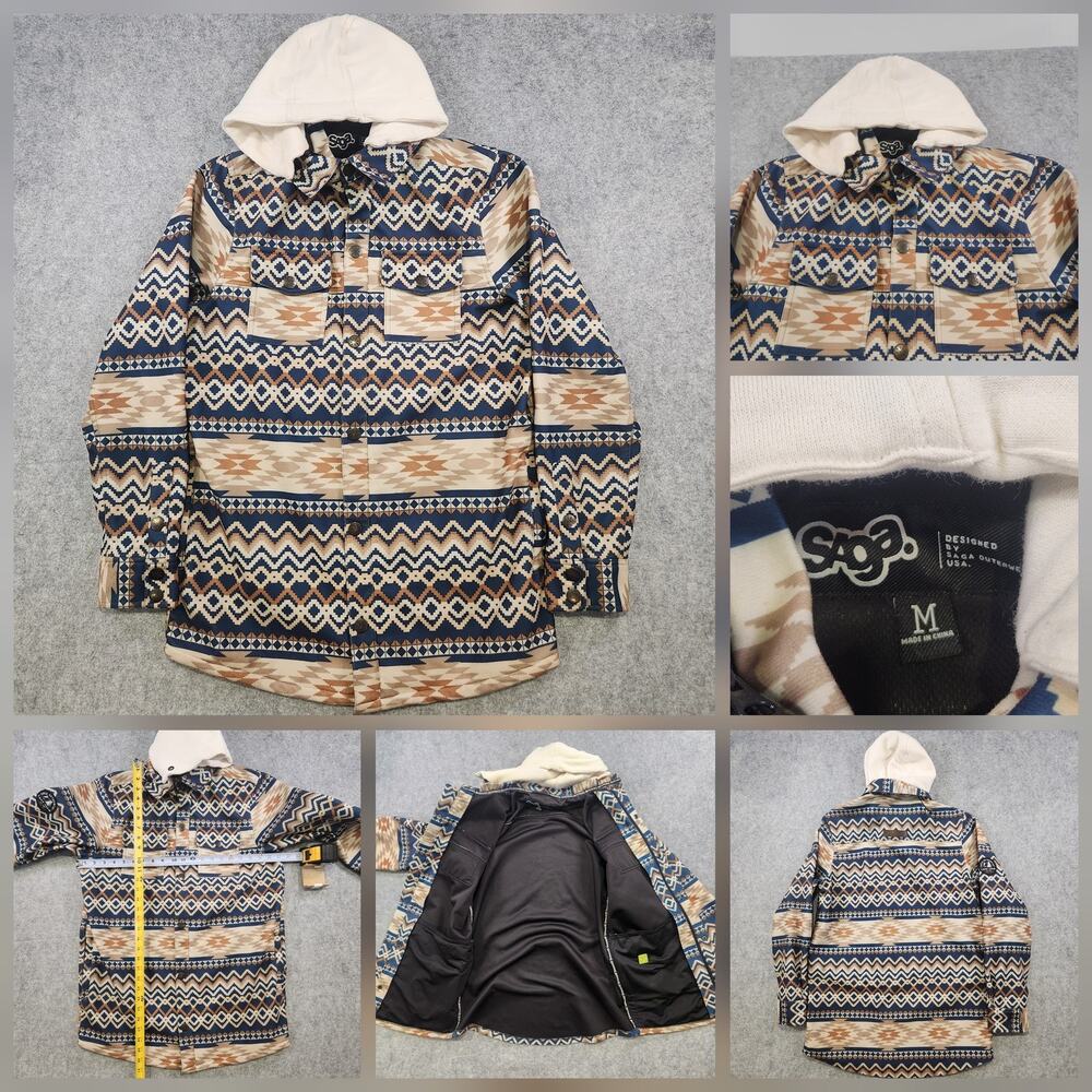 Saga Outerwear Jacket Mens Medium Aztec‎ Print Hooded Snowboard Ski Tan Navy
